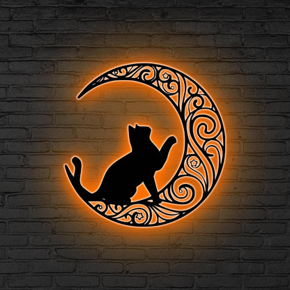Cat On The Moon Sign Metal Wall Art With LED Light, Floral Moon Cat Decor Cat Lover Gift