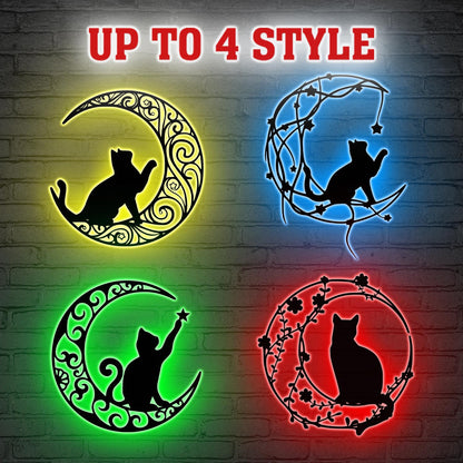Cat On The Moon Sign Metal Wall Art With LED Light, Floral Moon Cat Decor Cat Lover Gift