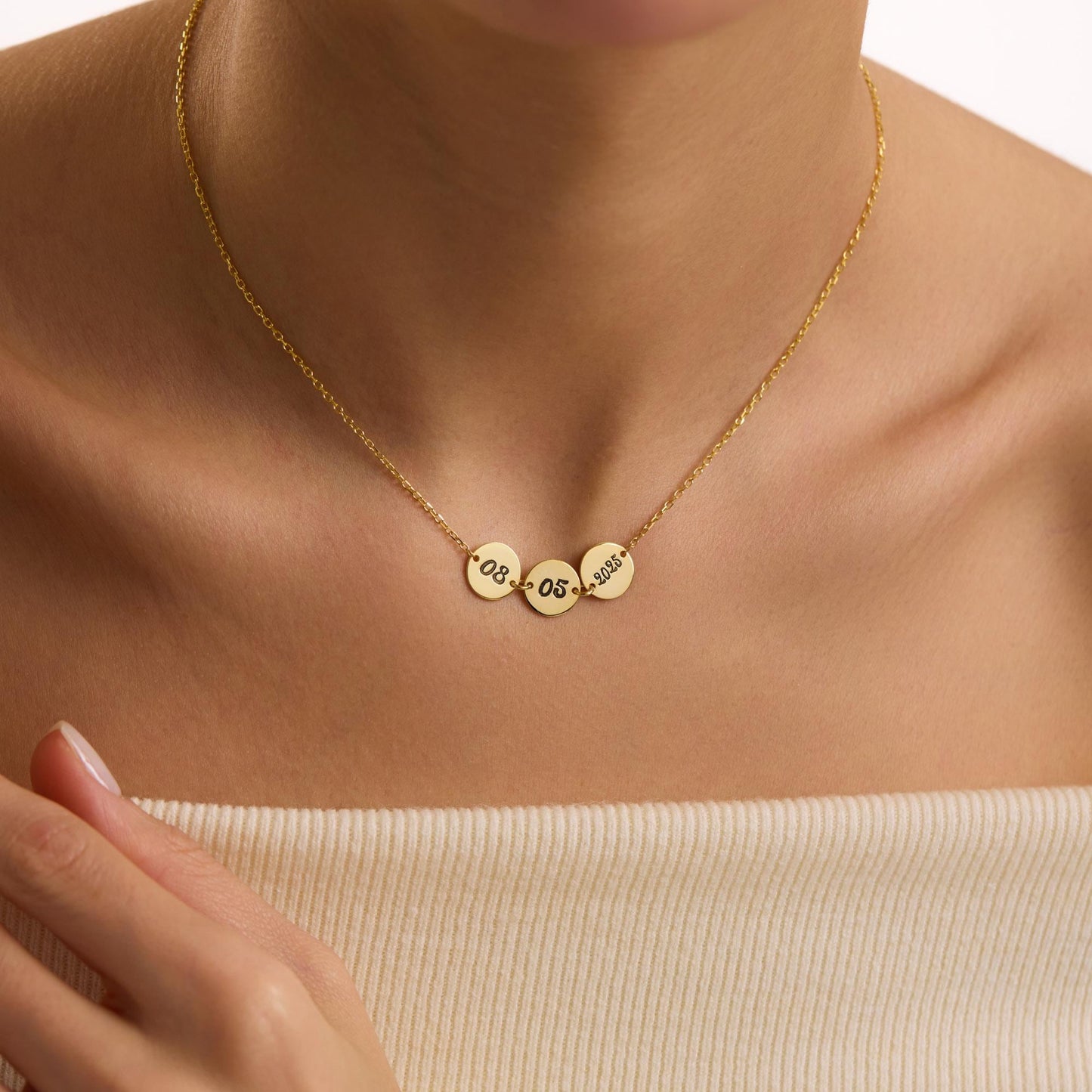 Personalized Gold Necklace with Custom Date, Minimalist Gold Date Necklace, Engraved Gold Disc Pendant, Gift For Anniversary Wife