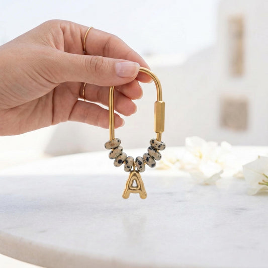 Beaded Custom Initial Gold Letter Natural Stone Bag Charm, Personalized Name Keychain, Bridesmaid Gift, gift for mom