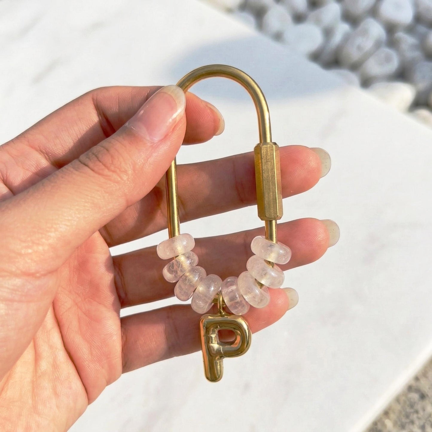Custom Gold Initial Natural Stone Keychain, Beaded Bag Charm, Bridesmaid Gift