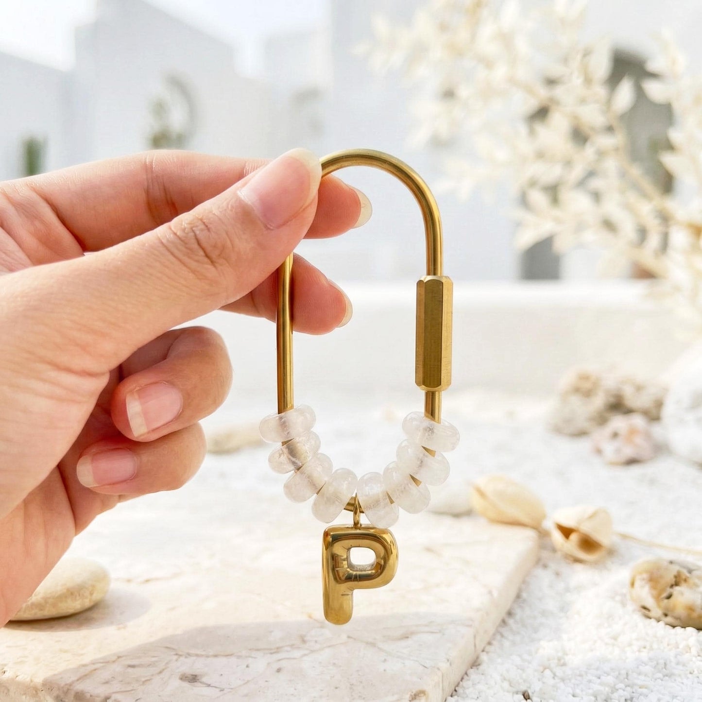 Custom Gold Initial Natural Stone Keychain, Beaded Bag Charm, Bridesmaid Gift
