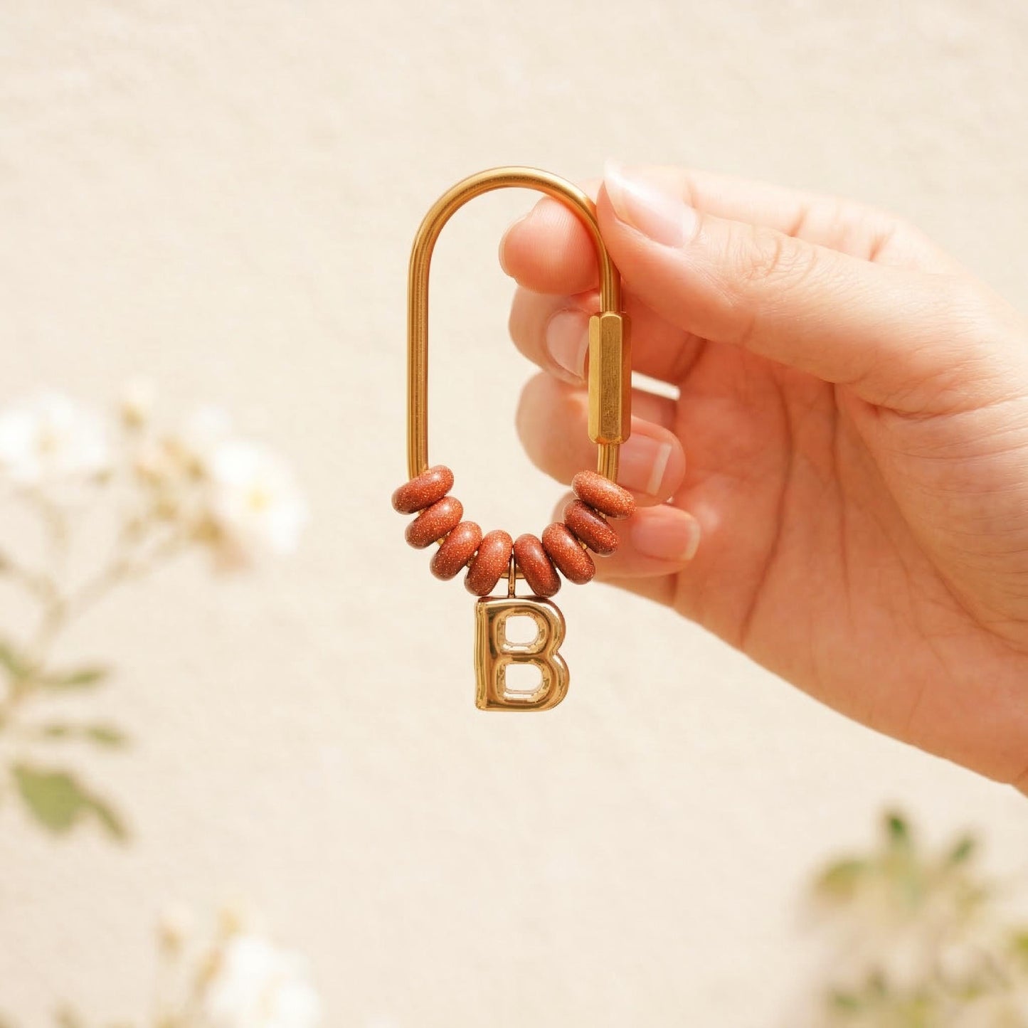 Personalized Initial Stone Keychain, Gold Letter Charm D-Ring Keyring, Custom Bridesmaid Gift, Backpack Accessory, New Car Keyring for Her