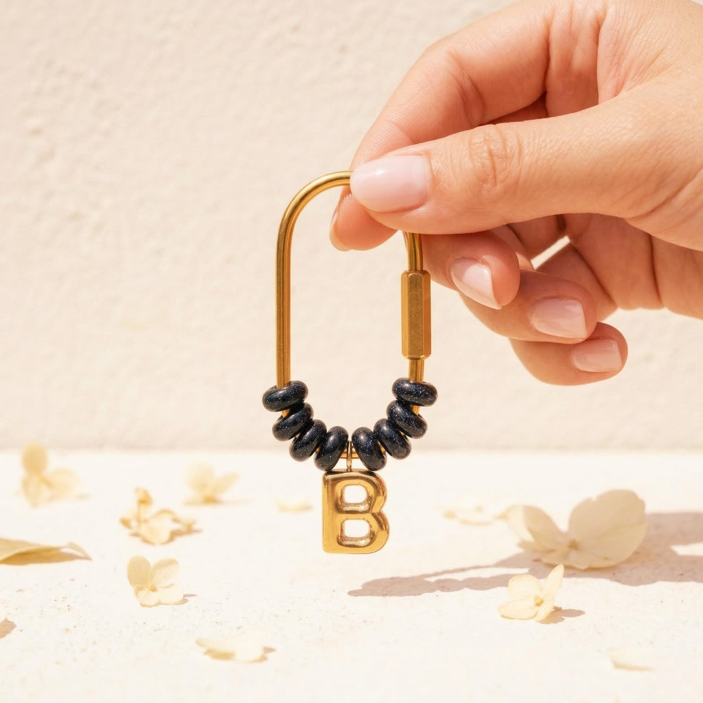 Personalized Initial Beaded Keychain, Blue Goldstone Letter Charm D-Ring Keyring, Custom Wedding Party Gift, Navy Blue Bag Accessory for Her