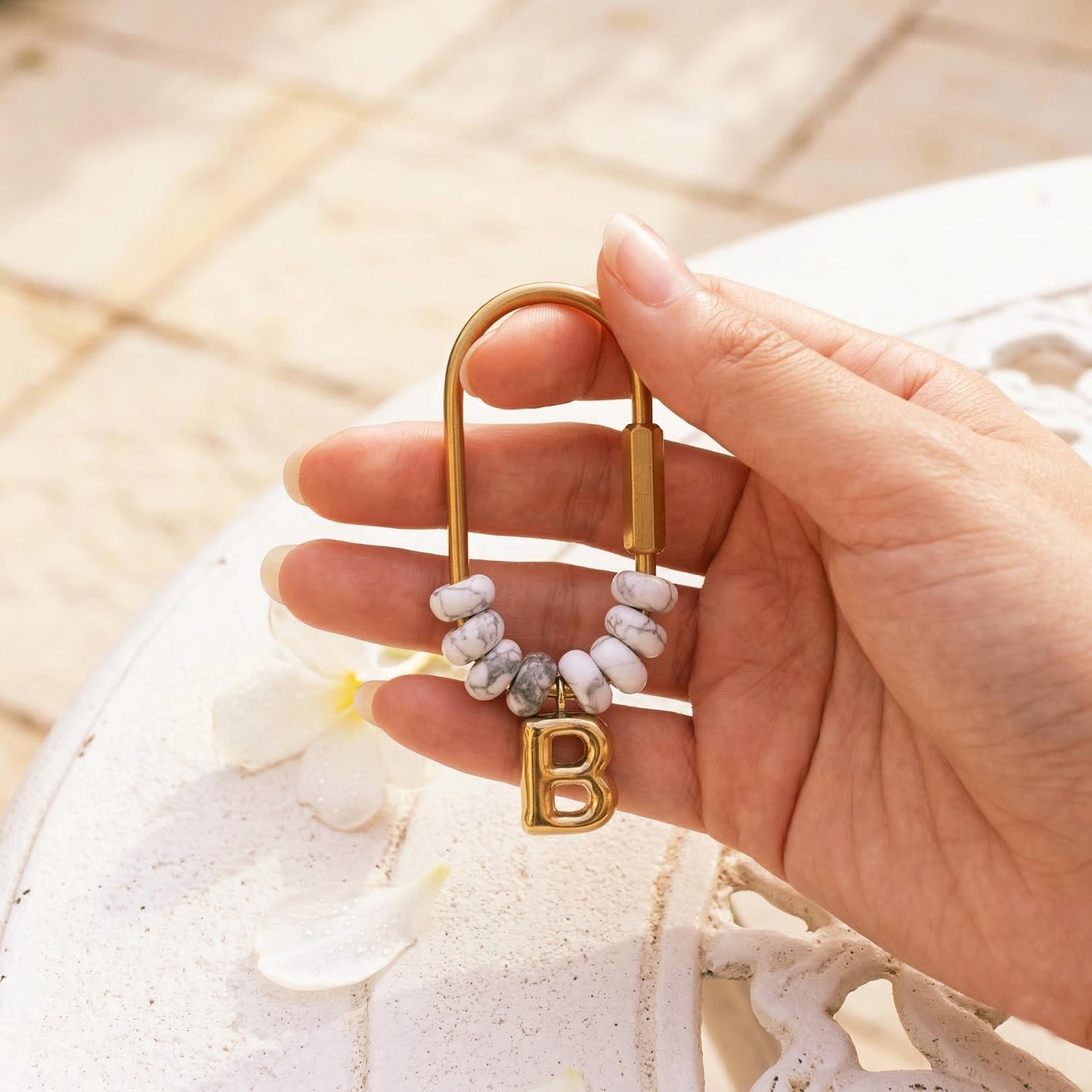 Personalized Initial Keychain, White Howlite Beaded Letter Charm, Gold D-Ring Keyring, Marble Style Bag Charm,Custom Bridesmaid Gift for Her