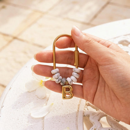 Personalized Initial Keychain, White Howlite Beaded Letter Charm, Gold D-Ring Keyring, Marble Style Bag Charm,Custom Bridesmaid Gift for Her
