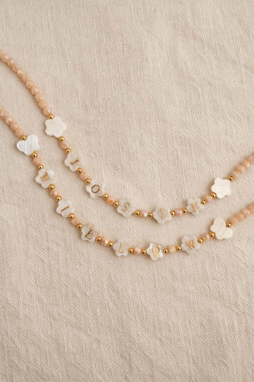 FLOWER shaped name necklace, mother of Pearl letter name necklace, kids beaded necklace, birthday gift ideas for toddlers, gift for girls