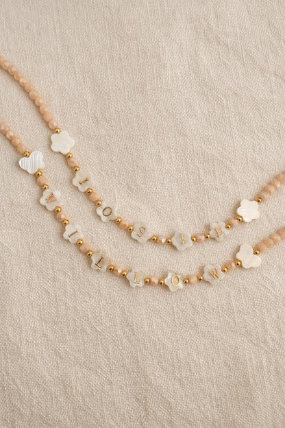 FLOWER shaped name necklace, mother of Pearl letter name necklace, kids beaded necklace, birthday gift ideas for toddlers, gift for girls