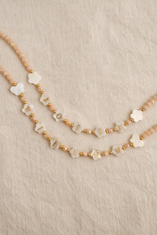FLOWER shaped name necklace, mother of Pearl letter name necklace, kids beaded necklace, birthday gift ideas for toddlers, gift for girls