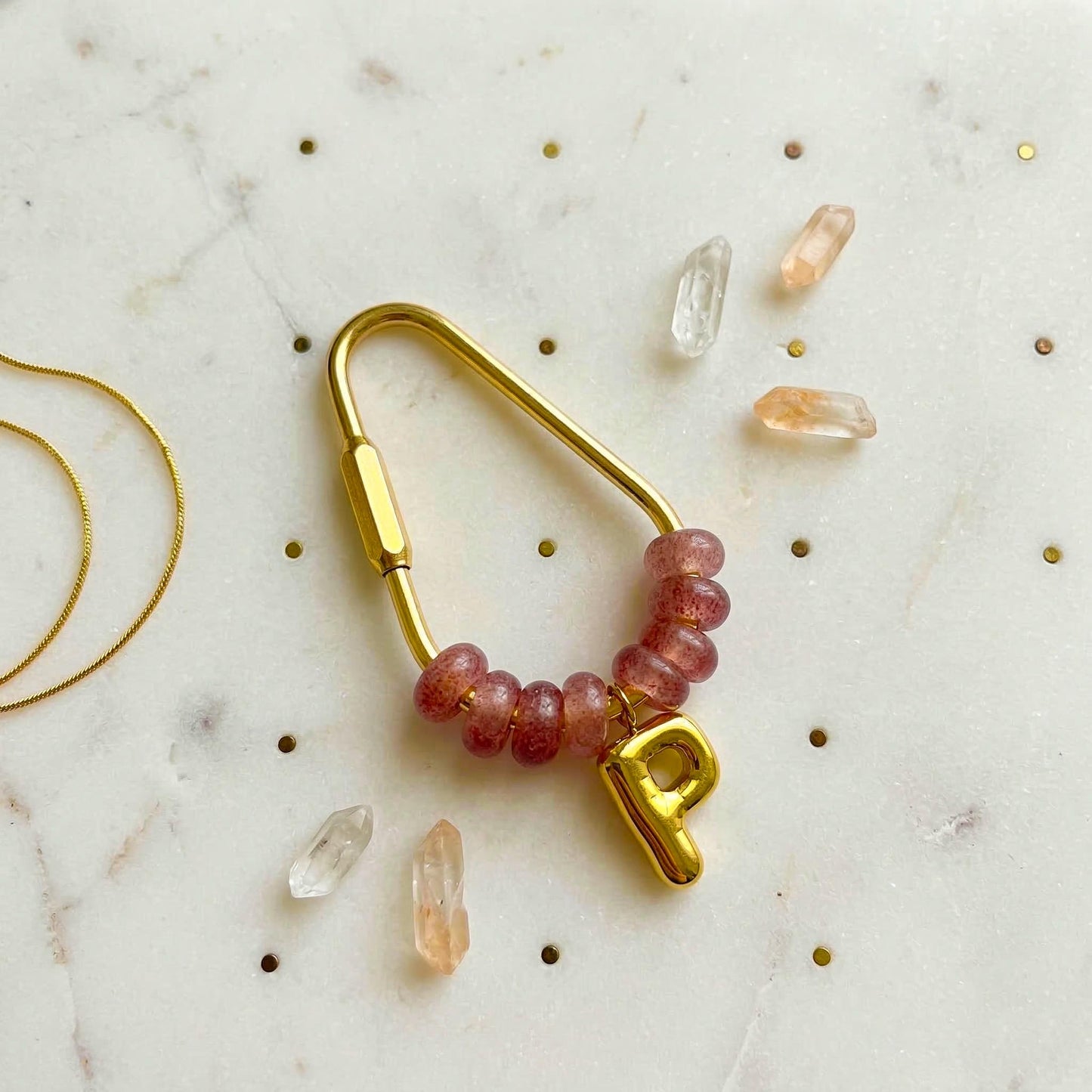 Personalized Initial Keychain, Strawberry Quartz Beaded Letter Charm, Gold D-Ring Keyring, Pink Crystal Bag Charm, Custom Bridesmaid Gift