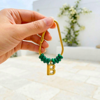 Personalized Initial Keychain, Malachite Beaded Letter Charm, Gold D-Ring Keyring, Green Stone Bag Charm, Custom Gift for Her