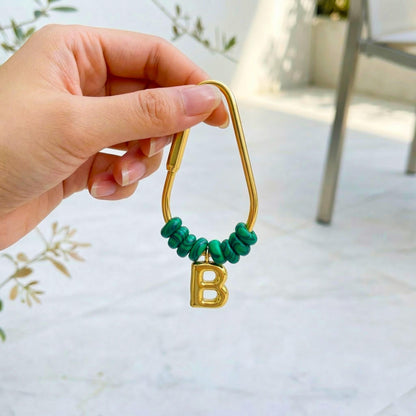 Personalized Initial Keychain, Malachite Beaded Letter Charm, Gold D-Ring Keyring, Green Stone Bag Charm, Custom Gift for Her