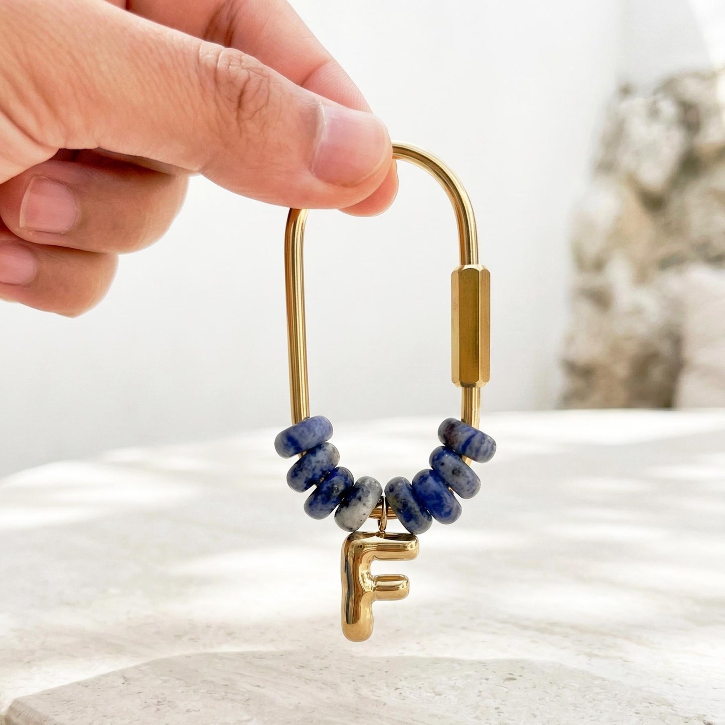 Personalized Beaded Gold Initial Natural Stone Letter Bag Charms, Custom Bridesmaid Gift, Backpack Accessory, gift for mom