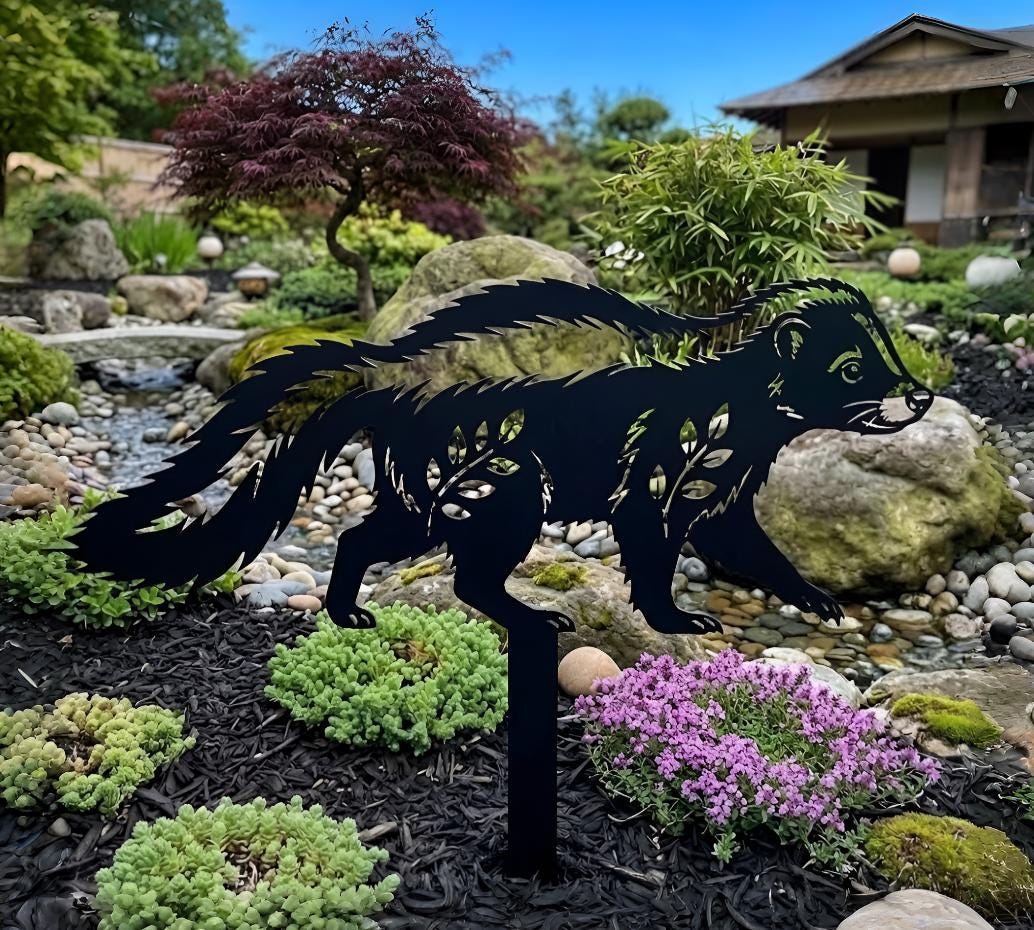 Metal Skunk Garden Stake, Animal Yard Art, Outdoor Lawn Decor, Cute Skunk Silhouette, Garden Sculpture