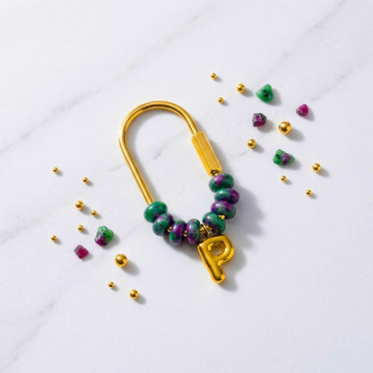 Personalized Initial Stone Keychain, Gold Beaded Letter Charm Ring Keyring, Custom Bridesmaid Gift, Natural Stone Bag Charm Accessory