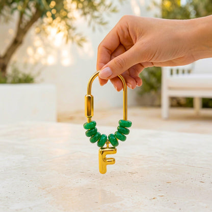 Mala Green Beaded Initial Keychain, Gold Carabiner Keyring, Custom Letter Purse Charm, Personalized Birthday, gift for mom
