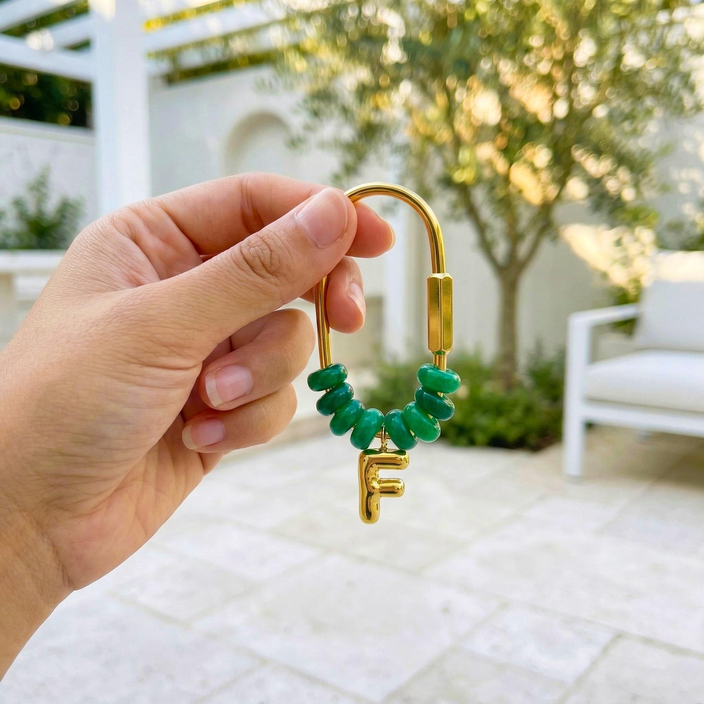 Mala Green Beaded Initial Keychain, Gold Carabiner Keyring, Custom Letter Purse Charm, Personalized Birthday, gift for mom