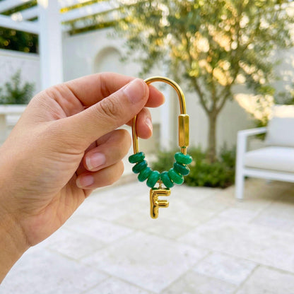 Mala Green Beaded Initial Keychain, Gold Carabiner Keyring, Custom Letter Purse Charm, Personalized Birthday, gift for mom