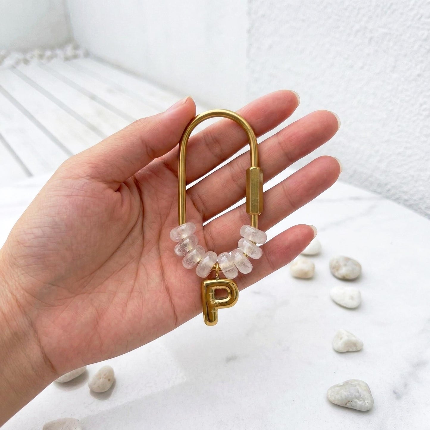 Custom Gold Initial Natural Stone Keychain, Beaded Bag Charm, Bridesmaid Gift