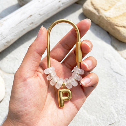 Custom Gold Initial Natural Stone Keychain, Beaded Bag Charm, Bridesmaid Gift