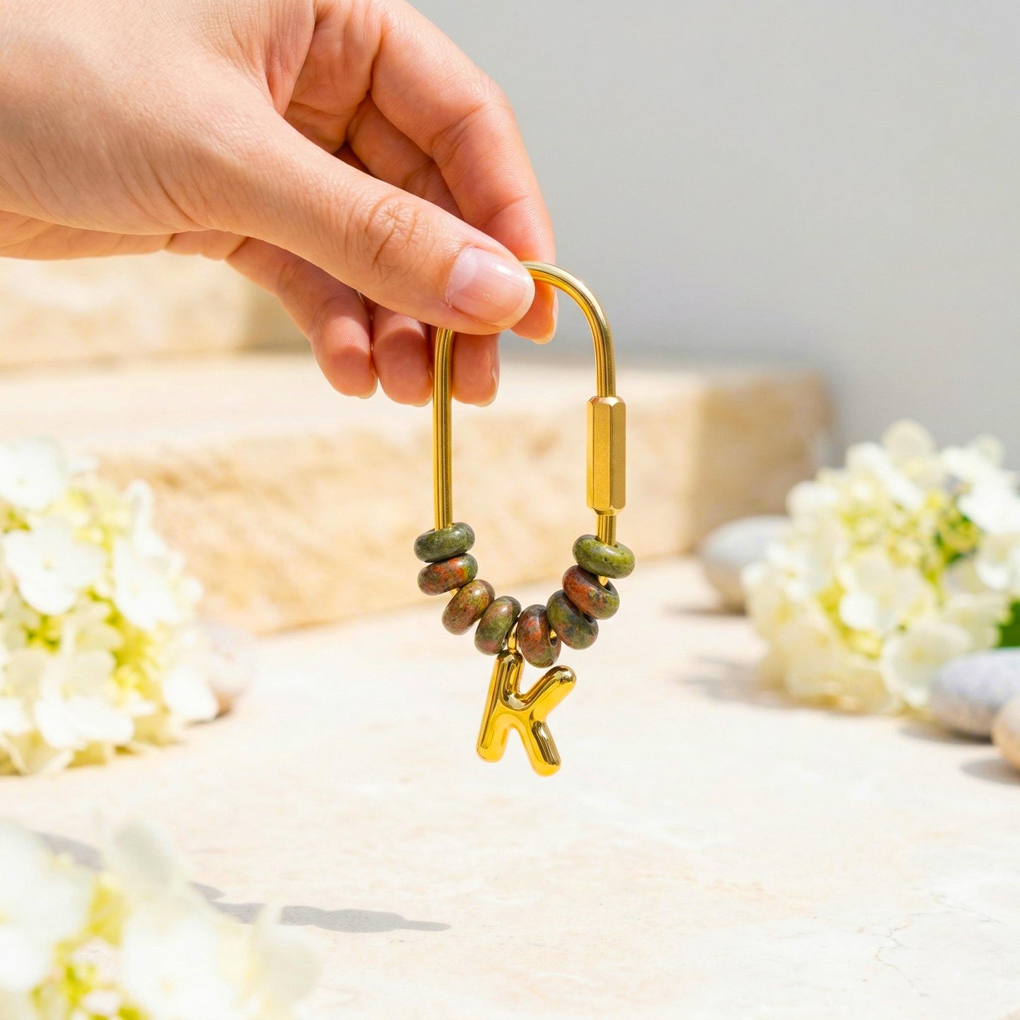 Custom Initial Bag Charm, Natural Stone Beaded Keychain, Gold Letter Keyring, Personalized Purse Accessory, Bridesmaid Gift