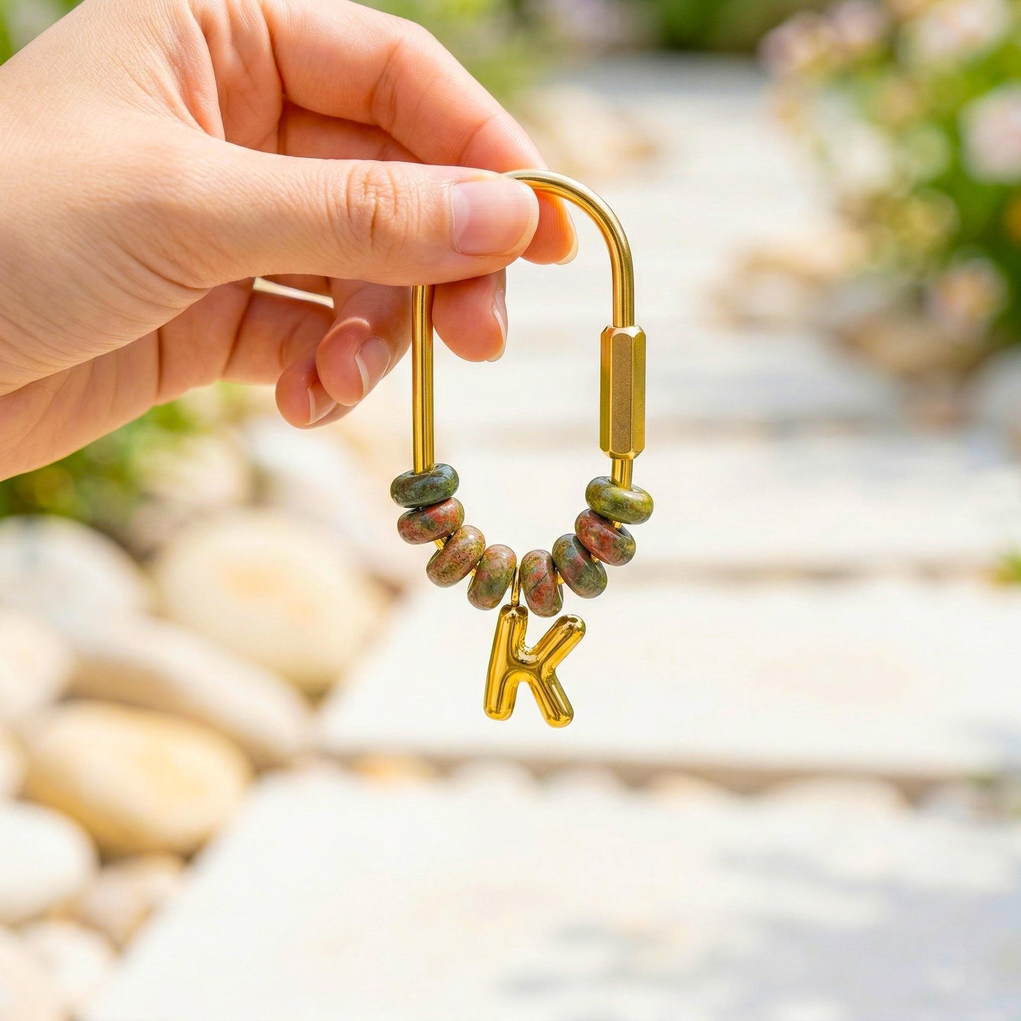 Custom Initial Bag Charm, Natural Stone Beaded Keychain, Gold Letter Keyring, Personalized Purse Accessory, Bridesmaid Gift