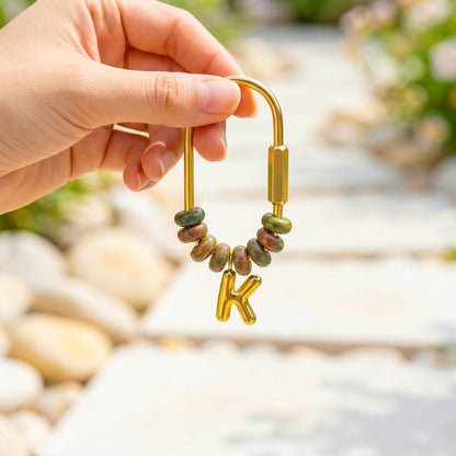 Custom Initial Bag Charm, Natural Stone Beaded Keychain, Gold Letter Keyring, Personalized Purse Accessory, Bridesmaid Gift
