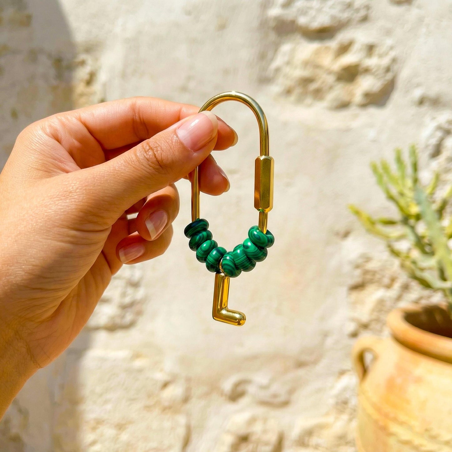 Malachite Beaded Initial Keychain, Custom Gold Letter Bag Charm, Personalized Name Keyring, Bridesmaid Gift, Natural Stone Purse Charm