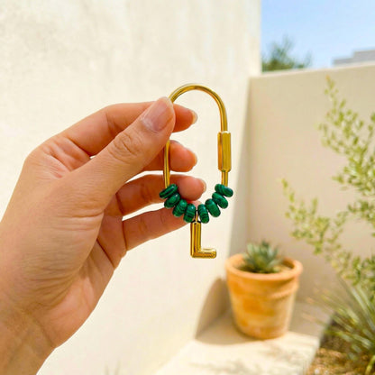 Malachite Beaded Initial Keychain, Custom Gold Letter Bag Charm, Personalized Name Keyring, Bridesmaid Gift, Natural Stone Purse Charm