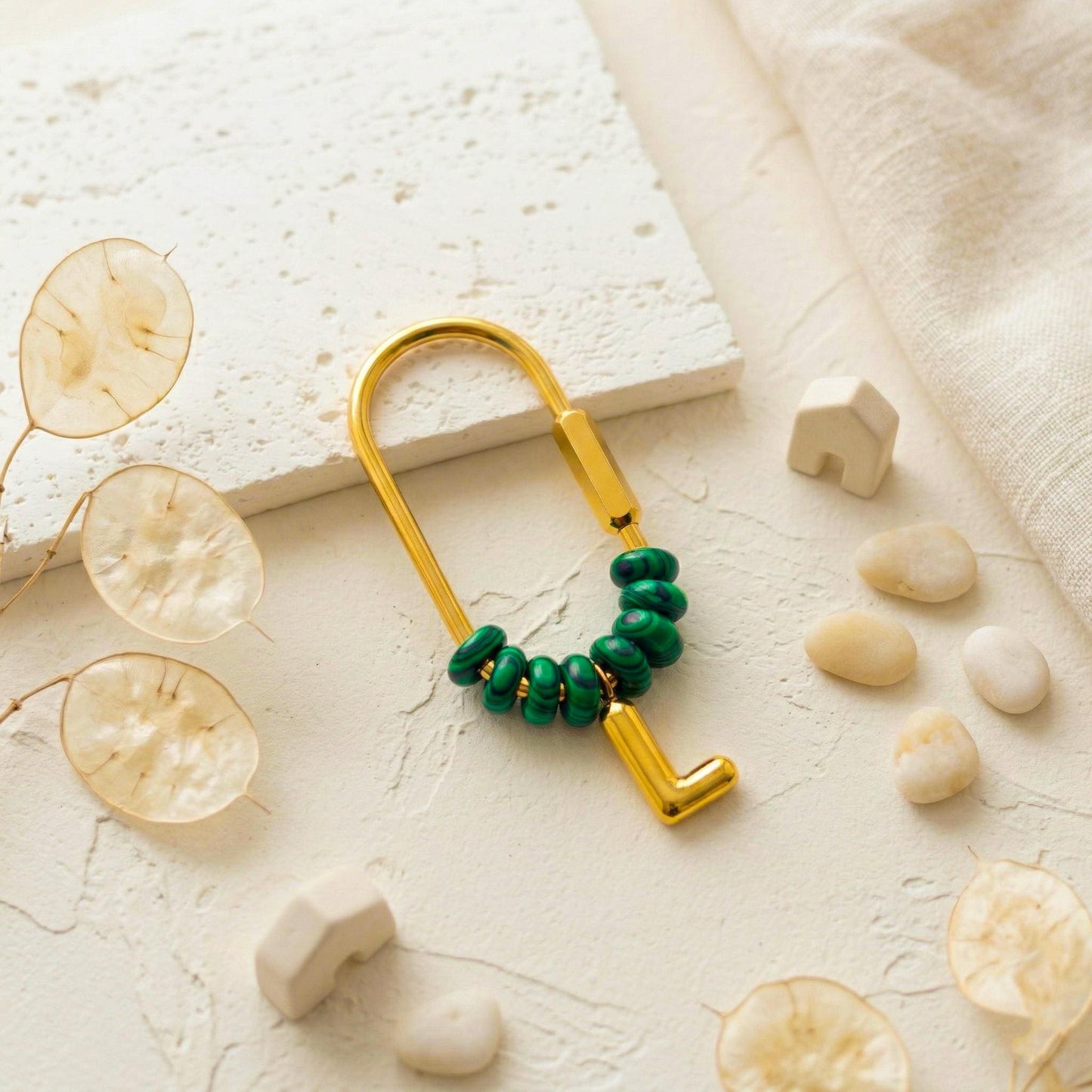 Malachite Beaded Initial Keychain, Custom Gold Letter Bag Charm, Personalized Name Keyring, Bridesmaid Gift, Natural Stone Purse Charm