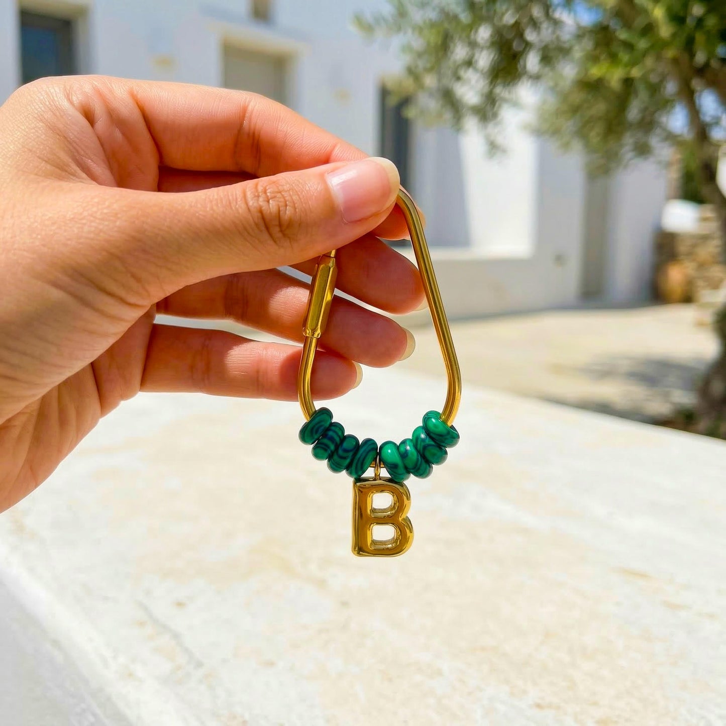 Personalized Initial Keychain, Malachite Beaded Letter Charm, Gold D-Ring Keyring, Green Stone Bag Charm, Custom Gift for Her