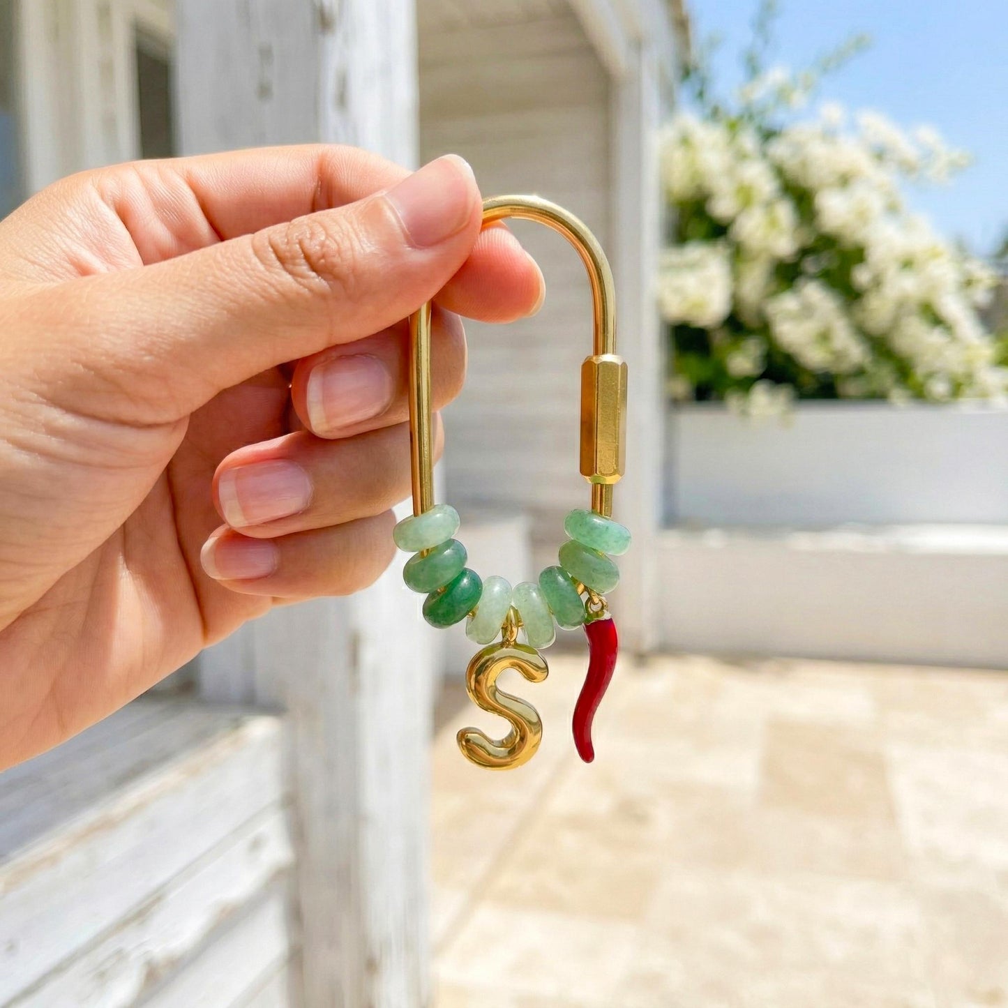 Custom Gold Initial Natural Stone Bag Charm, Beaded Personalized Keychain with Lucky Chili Pendant, Bridesmaid Gift