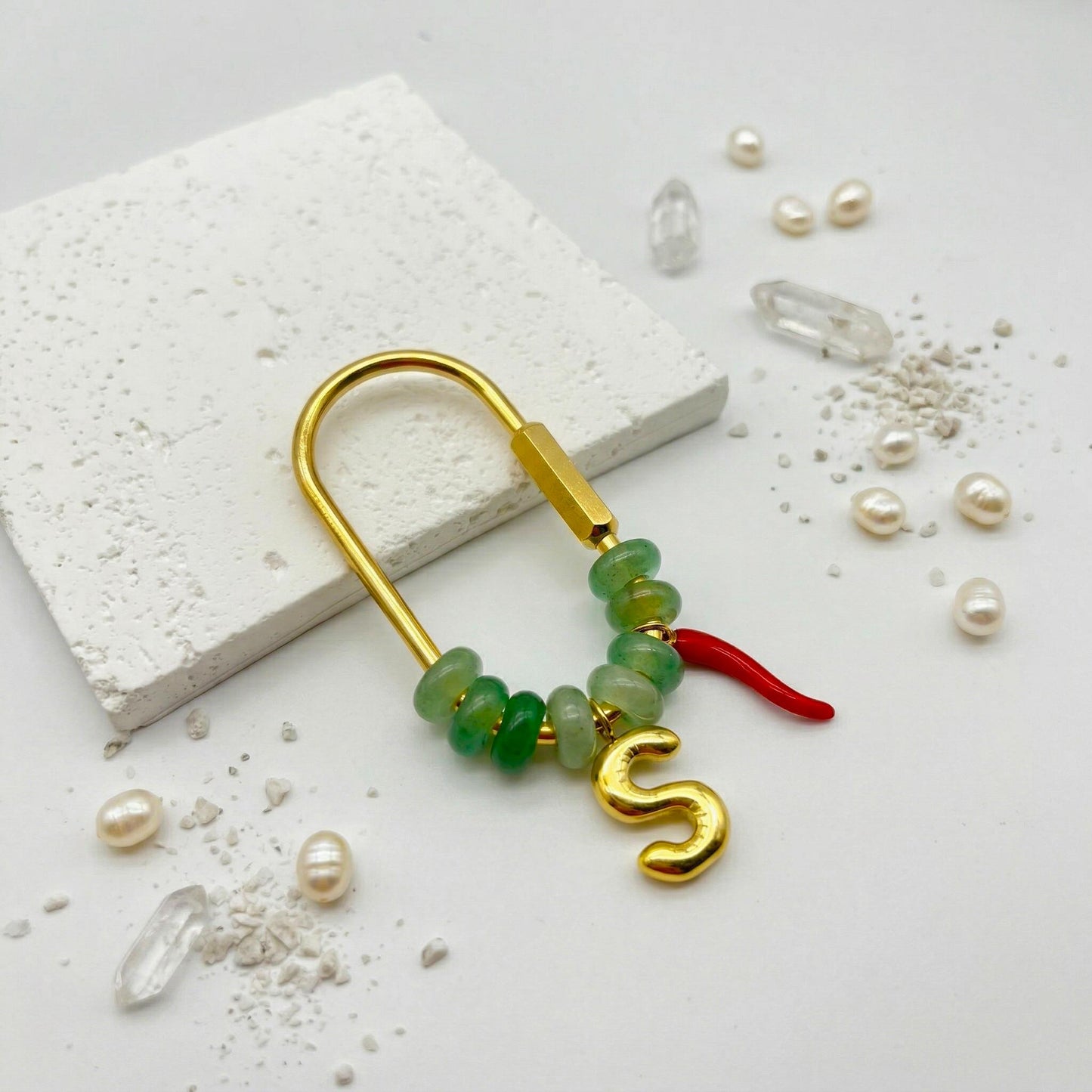Custom Gold Initial Natural Stone Bag Charm, Beaded Personalized Keychain with Lucky Chili Pendant, Bridesmaid Gift