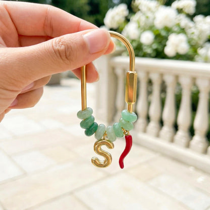 Custom Gold Initial Natural Stone Bag Charm, Beaded Personalized Keychain with Lucky Chili Pendant, Bridesmaid Gift