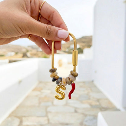 Custom Initial Gold Letter S Bag Charm, Mixed Natural Stone Bead Keychain, Personalized Lucky Chili Pendant Bridesmaid Gift for Her