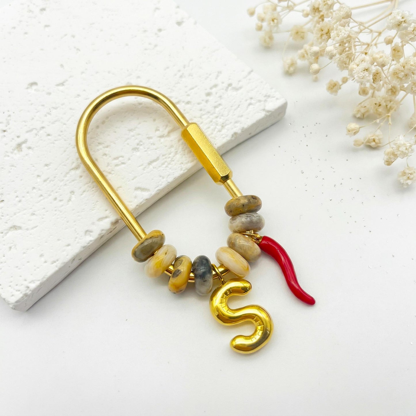 Custom Initial Gold Letter S Bag Charm, Mixed Natural Stone Bead Keychain, Personalized Lucky Chili Pendant Bridesmaid Gift for Her