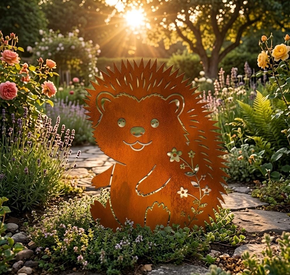 Hedgehog Yard Art Metal Stake, Garden Decor Animal, Outdoor Lawn Ornament, Rustic Backyard Decoration