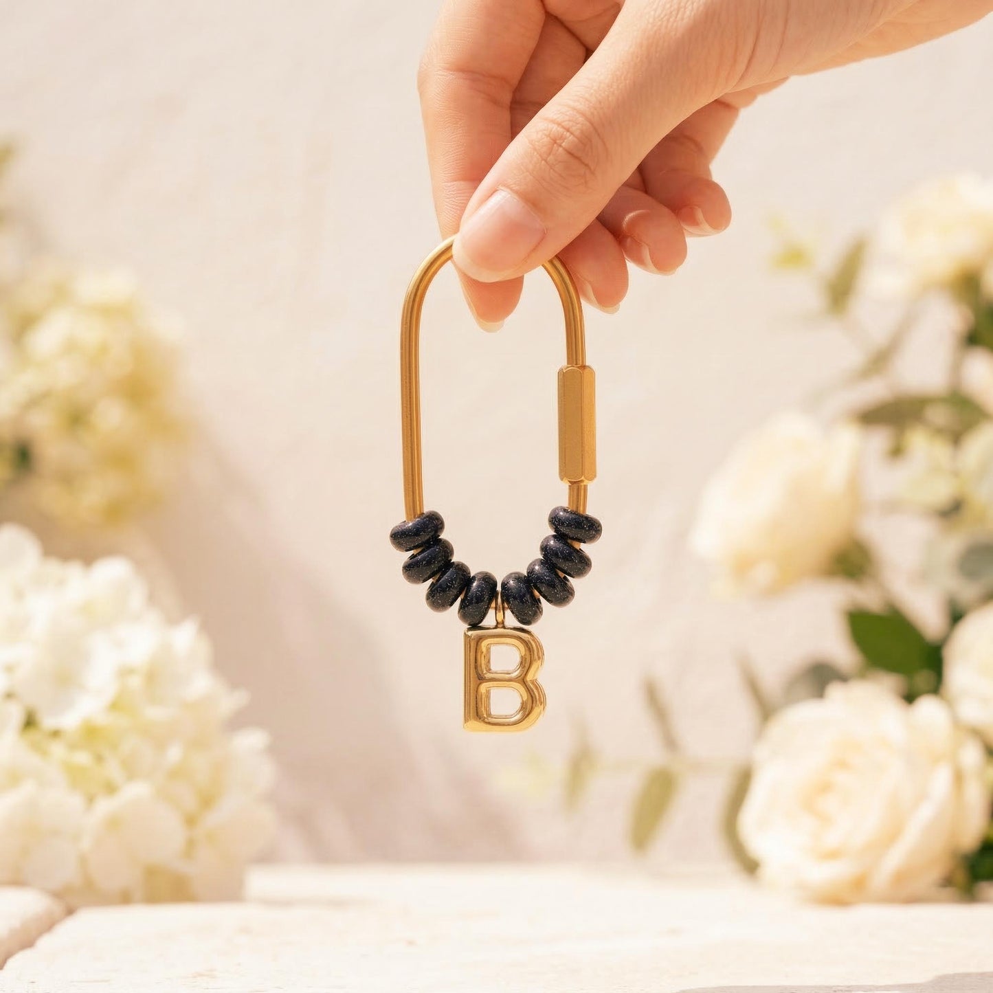 Personalized Initial Beaded Keychain, Blue Goldstone Letter Charm D-Ring Keyring, Custom Wedding Party Gift, Navy Blue Bag Accessory for Her