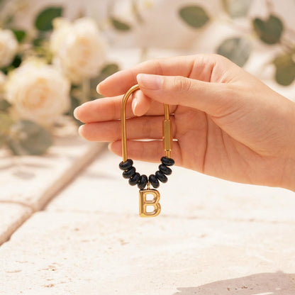 Personalized Initial Beaded Keychain, Blue Goldstone Letter Charm D-Ring Keyring, Custom Wedding Party Gift, Navy Blue Bag Accessory for Her