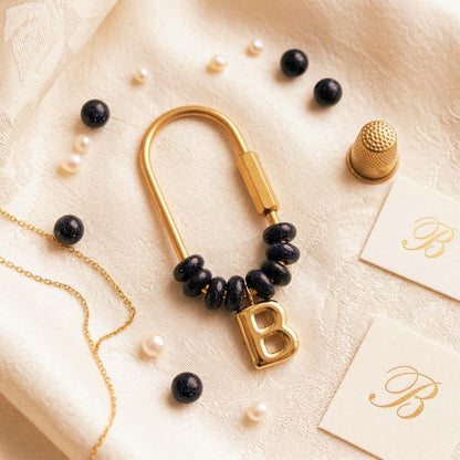 Personalized Initial Beaded Keychain, Blue Goldstone Letter Charm D-Ring Keyring, Custom Wedding Party Gift, Navy Blue Bag Accessory for Her