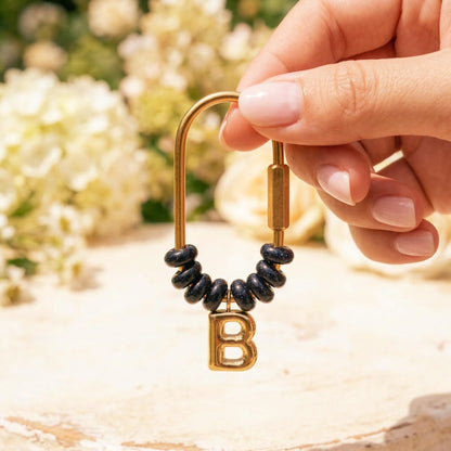 Personalized Initial Beaded Keychain, Blue Goldstone Letter Charm D-Ring Keyring, Custom Wedding Party Gift, Navy Blue Bag Accessory for Her