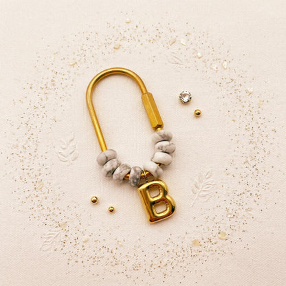 Personalized Initial Keychain, White Howlite Beaded Letter Charm, Gold D-Ring Keyring, Marble Style Bag Charm,Custom Bridesmaid Gift for Her