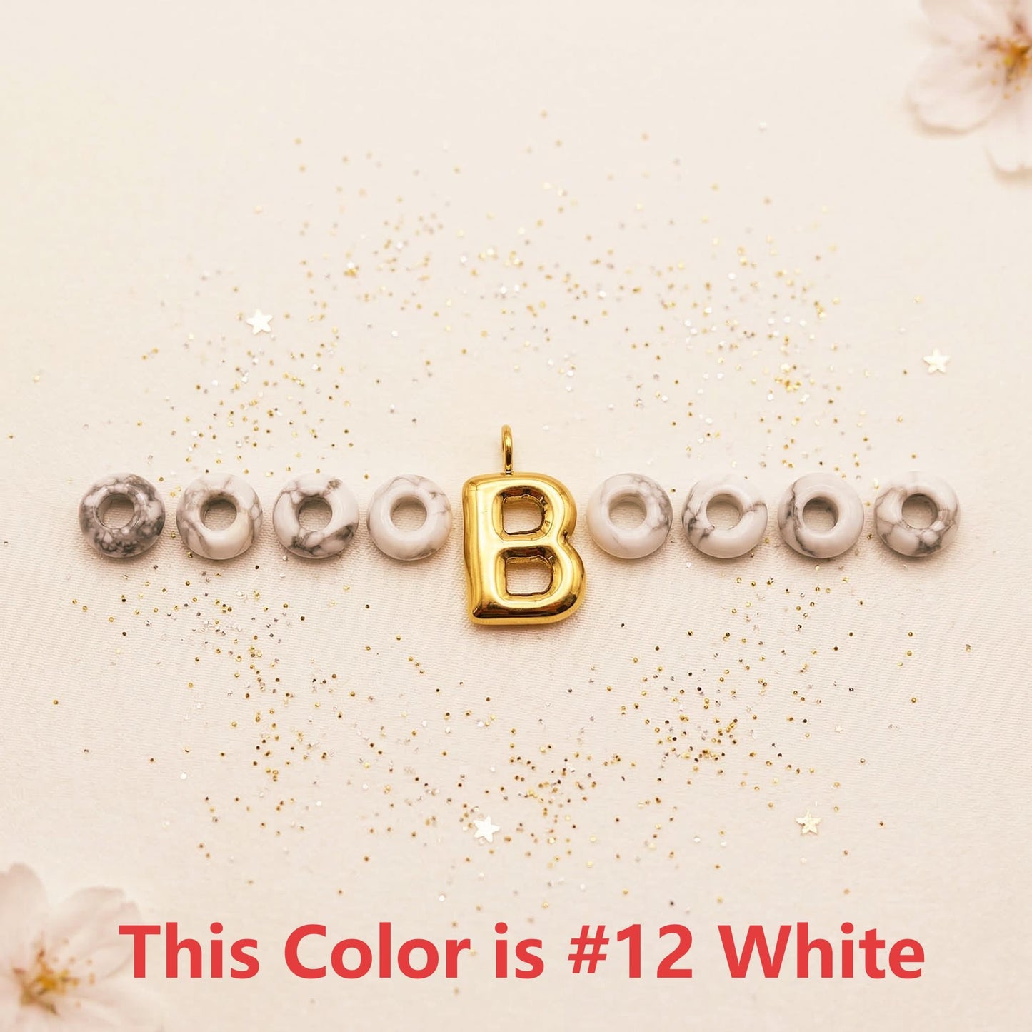 Personalized Initial Keychain, White Howlite Beaded Letter Charm, Gold D-Ring Keyring, Marble Style Bag Charm,Custom Bridesmaid Gift for Her
