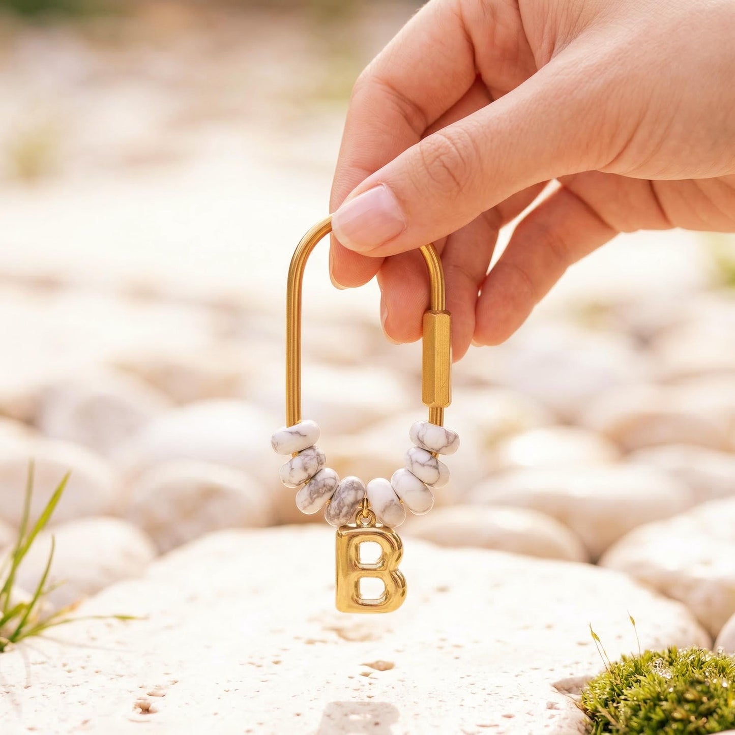 Personalized Initial Keychain, White Howlite Beaded Letter Charm, Gold D-Ring Keyring, Marble Style Bag Charm,Custom Bridesmaid Gift for Her