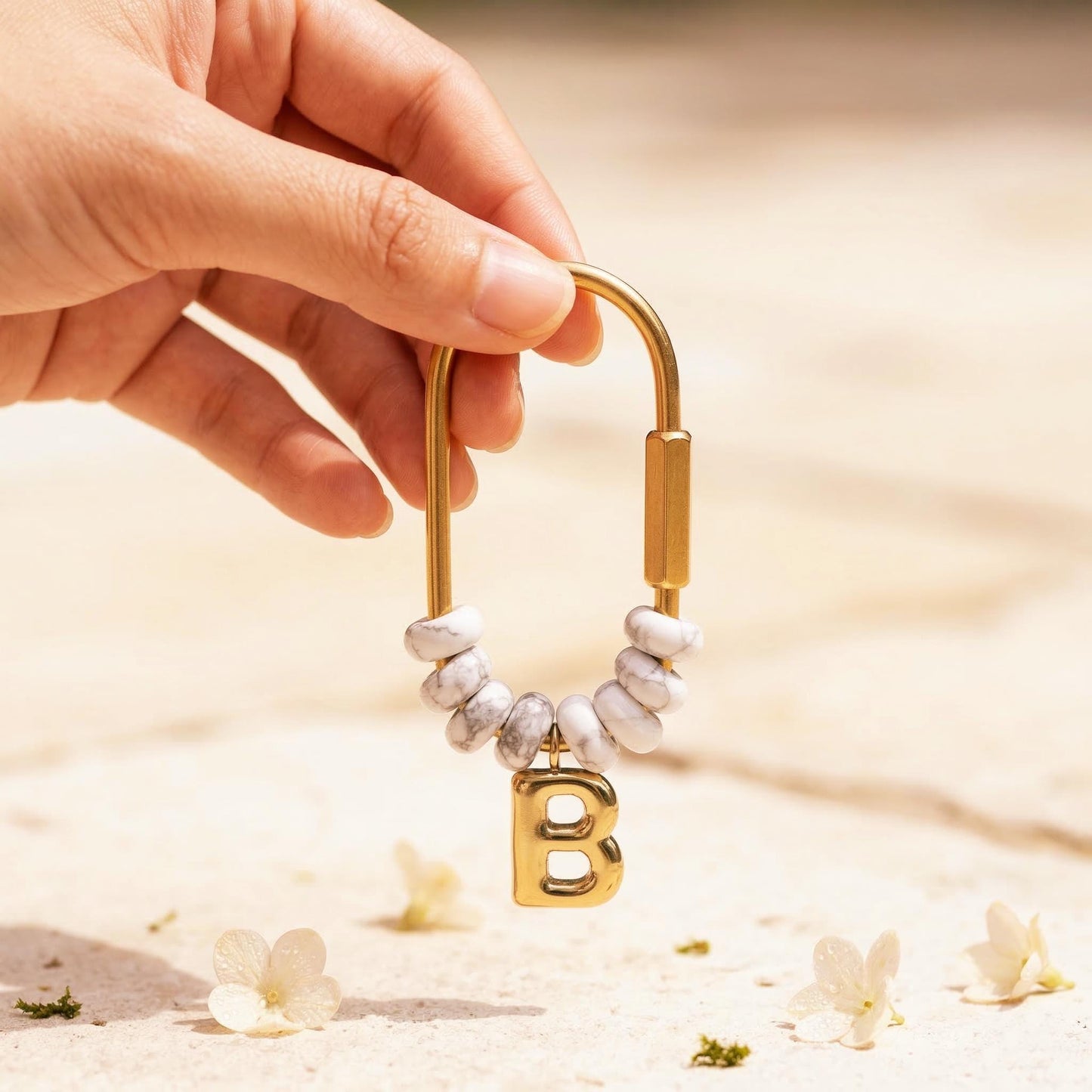 Personalized Initial Keychain, White Howlite Beaded Letter Charm, Gold D-Ring Keyring, Marble Style Bag Charm,Custom Bridesmaid Gift for Her