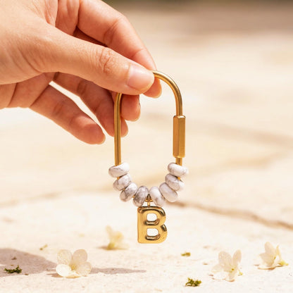 Personalized Initial Keychain, White Howlite Beaded Letter Charm, Gold D-Ring Keyring, Marble Style Bag Charm,Custom Bridesmaid Gift for Her