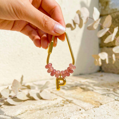 Personalized Initial Keychain, Strawberry Quartz Beaded Letter Charm, Gold D-Ring Keyring, Pink Crystal Bag Charm, Custom Bridesmaid Gift