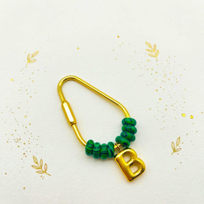 Personalized Initial Keychain, Malachite Beaded Letter Charm, Gold D-Ring Keyring, Green Stone Bag Charm, Custom Gift for Her