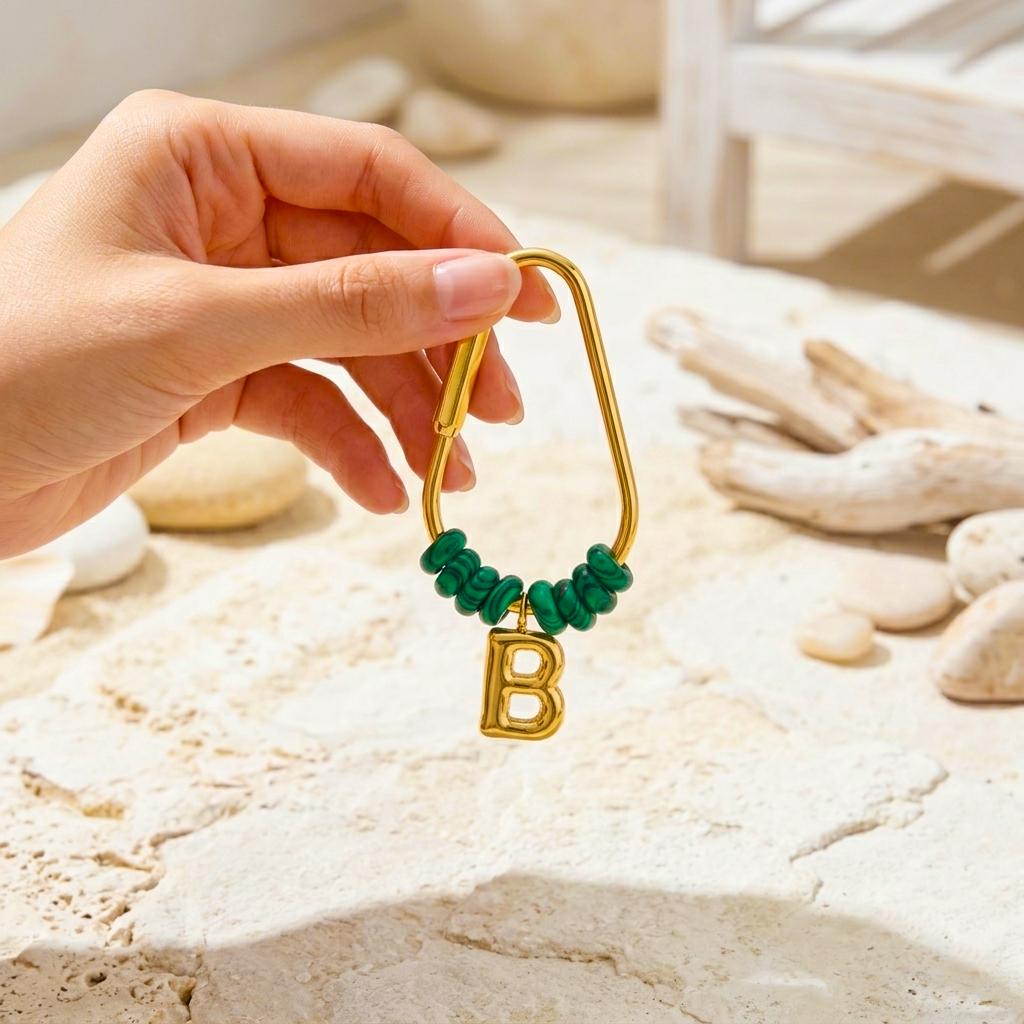 Personalized Initial Keychain, Malachite Beaded Letter Charm, Gold D-Ring Keyring, Green Stone Bag Charm, Custom Gift for Her