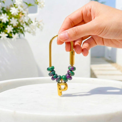 Personalized Initial Stone Keychain, Gold Beaded Letter Charm Ring Keyring, Custom Bridesmaid Gift, Natural Stone Bag Charm Accessory